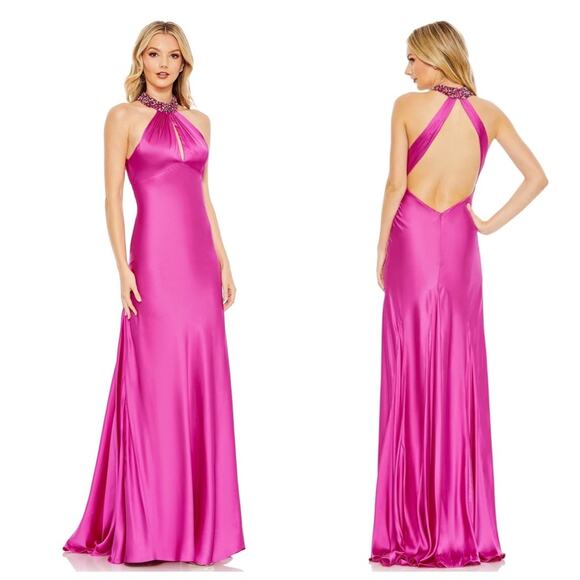 NEW Mac Duggal Embellished Halter Neck Keyhole Satin Gown Pink - Picture 1 of 12